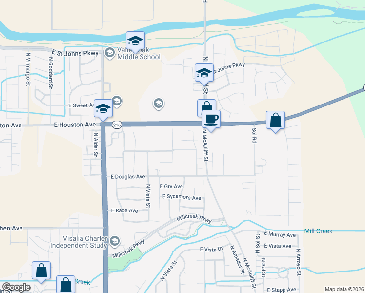 map of restaurants, bars, coffee shops, grocery stores, and more near 1222 North Simon Court in Visalia