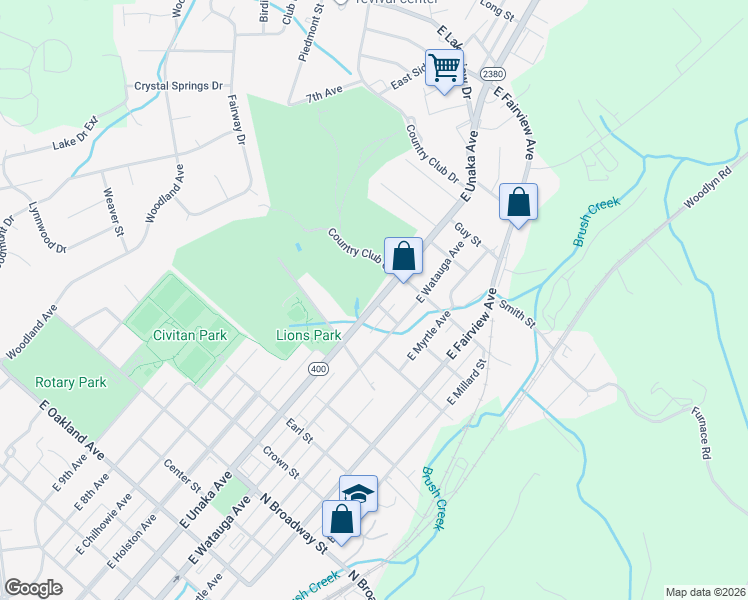 map of restaurants, bars, coffee shops, grocery stores, and more near 1901 East Unaka Avenue in Johnson City