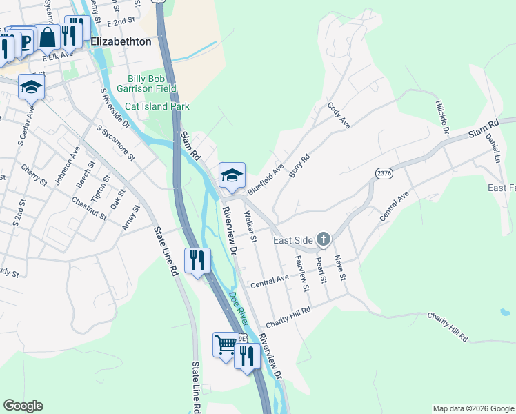 map of restaurants, bars, coffee shops, grocery stores, and more near 1016 Berry Road in Elizabethton