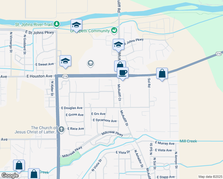 map of restaurants, bars, coffee shops, grocery stores, and more near 3550 East Roosevelt Avenue in Visalia