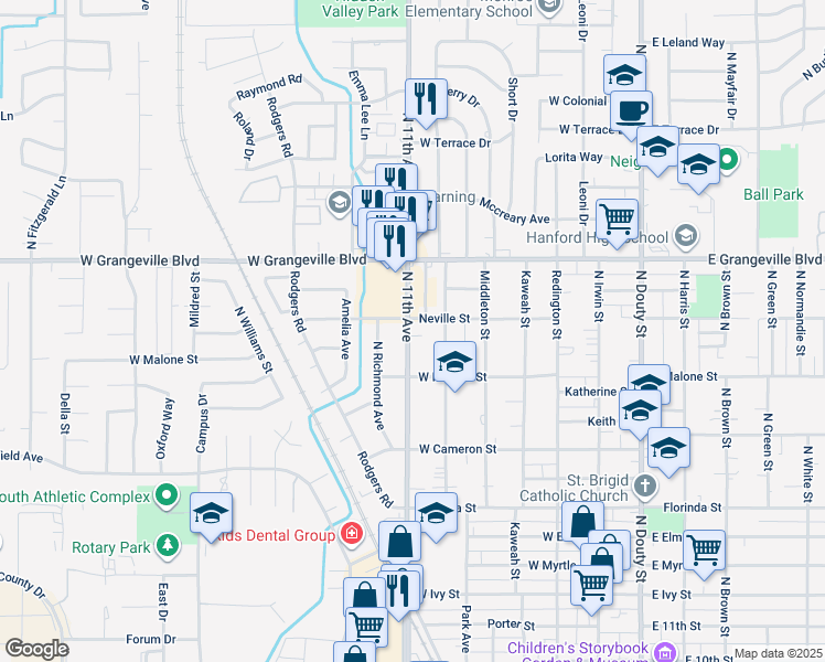 map of restaurants, bars, coffee shops, grocery stores, and more near 1445 North 11th Avenue in Hanford