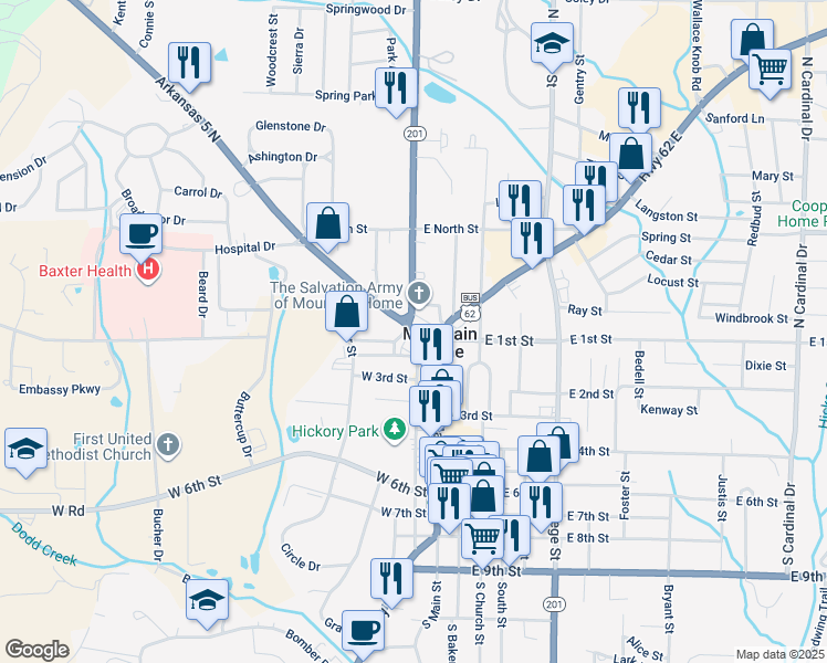 map of restaurants, bars, coffee shops, grocery stores, and more near 101 West 1st Street in Mountain Home