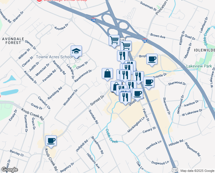 map of restaurants, bars, coffee shops, grocery stores, and more near 304 Sunset Drive in Johnson City