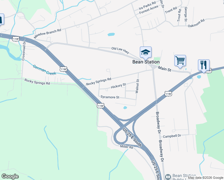 map of restaurants, bars, coffee shops, grocery stores, and more near 275 Hickory St in Bean Station