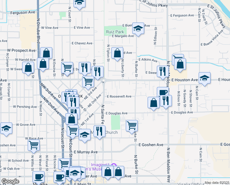 map of restaurants, bars, coffee shops, grocery stores, and more near 620 East Roosevelt Avenue in Visalia