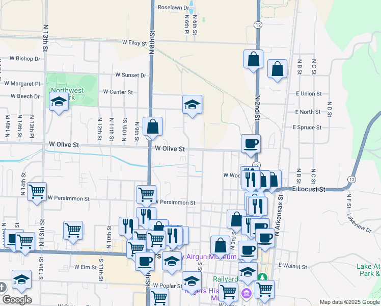 map of restaurants, bars, coffee shops, grocery stores, and more near 514 West Olive Street in Rogers