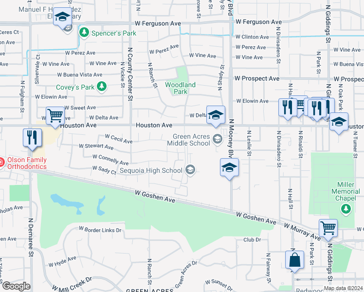 map of restaurants, bars, coffee shops, grocery stores, and more near 1225 North Woodland Street in Visalia