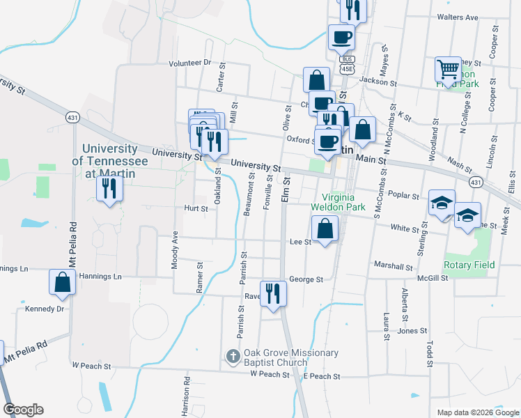 map of restaurants, bars, coffee shops, grocery stores, and more near 130 Beaumont Street in Martin