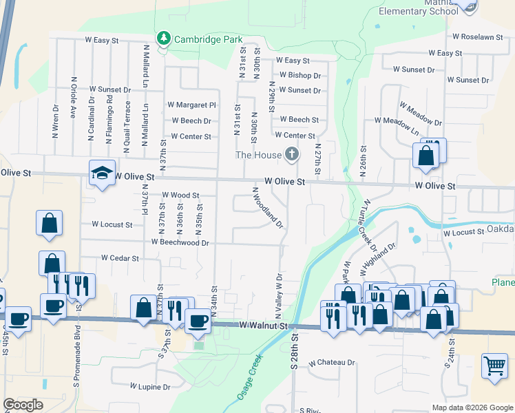 map of restaurants, bars, coffee shops, grocery stores, and more near 710 North Woodland Drive in Rogers