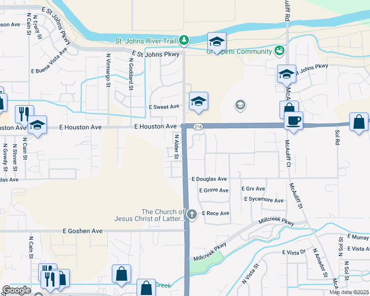 map of restaurants, bars, coffee shops, grocery stores, and more near 2900 East Stewart Avenue in Visalia