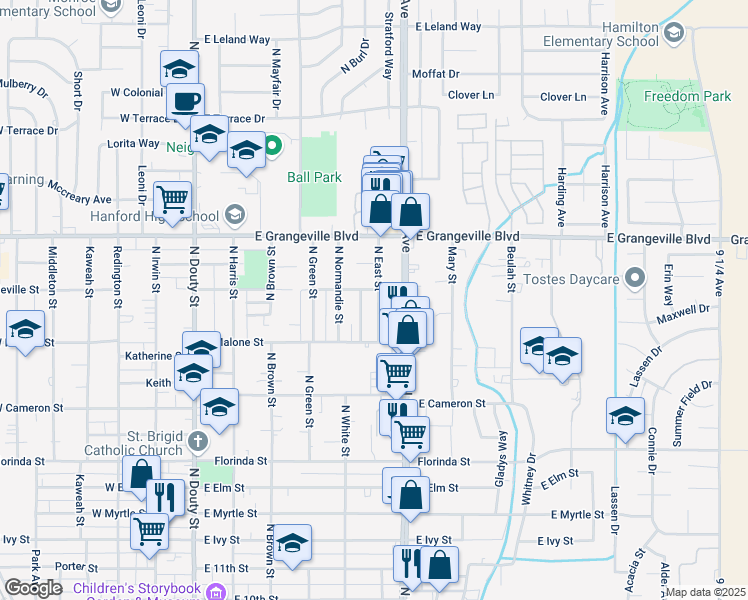 map of restaurants, bars, coffee shops, grocery stores, and more near 1332 North East Street in Hanford