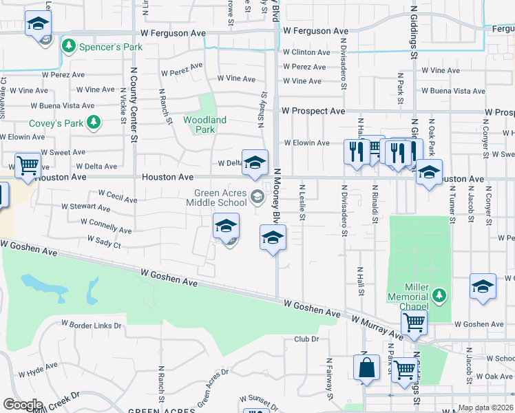 map of restaurants, bars, coffee shops, grocery stores, and more near 1147 North Mooney Boulevard in Visalia