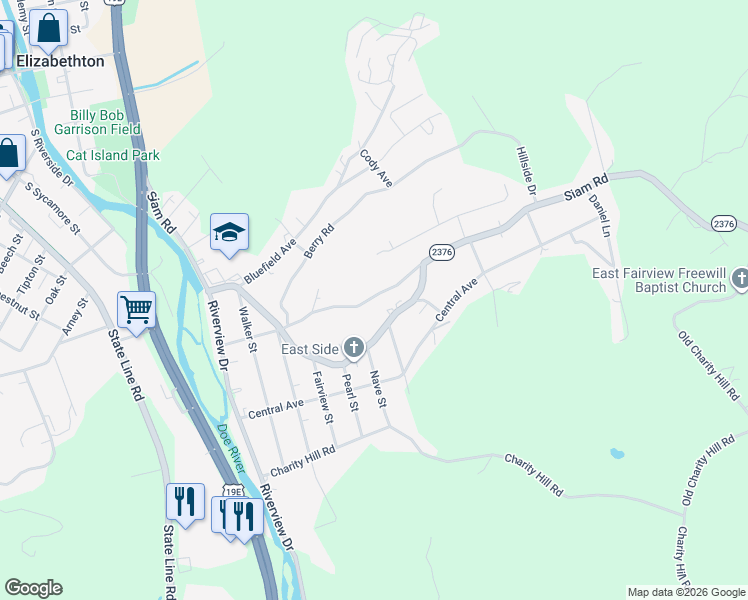 map of restaurants, bars, coffee shops, grocery stores, and more near 220 Old Siam Road in Elizabethton
