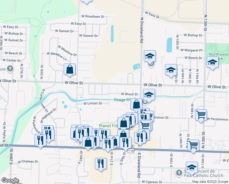 map of restaurants, bars, coffee shops, grocery stores, and more near 2105 West Wood Street in Rogers