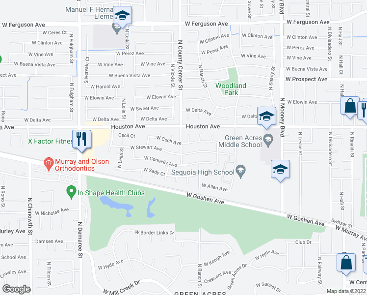map of restaurants, bars, coffee shops, grocery stores, and more near 2841 West Cecil Avenue in Visalia