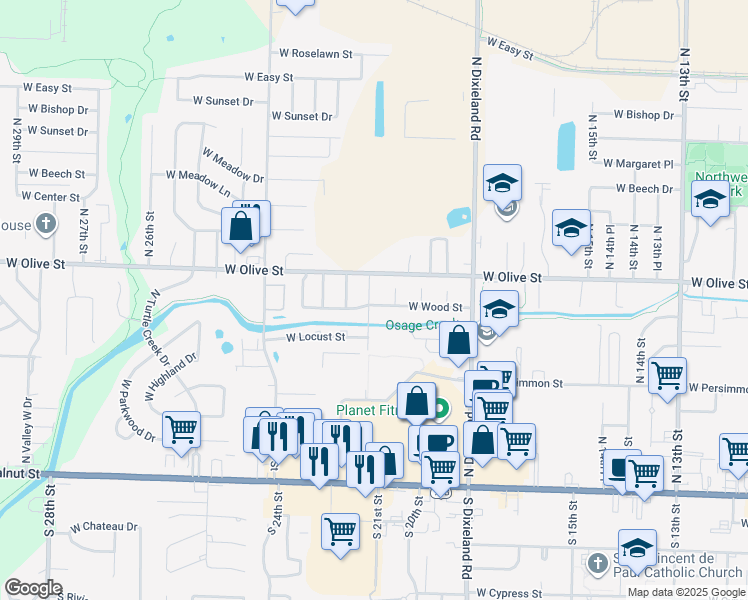 map of restaurants, bars, coffee shops, grocery stores, and more near 2105 West Wood Street in Rogers
