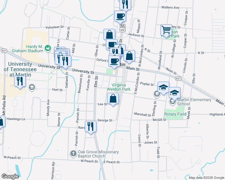 map of restaurants, bars, coffee shops, grocery stores, and more near 601 South Lindell Street in Martin