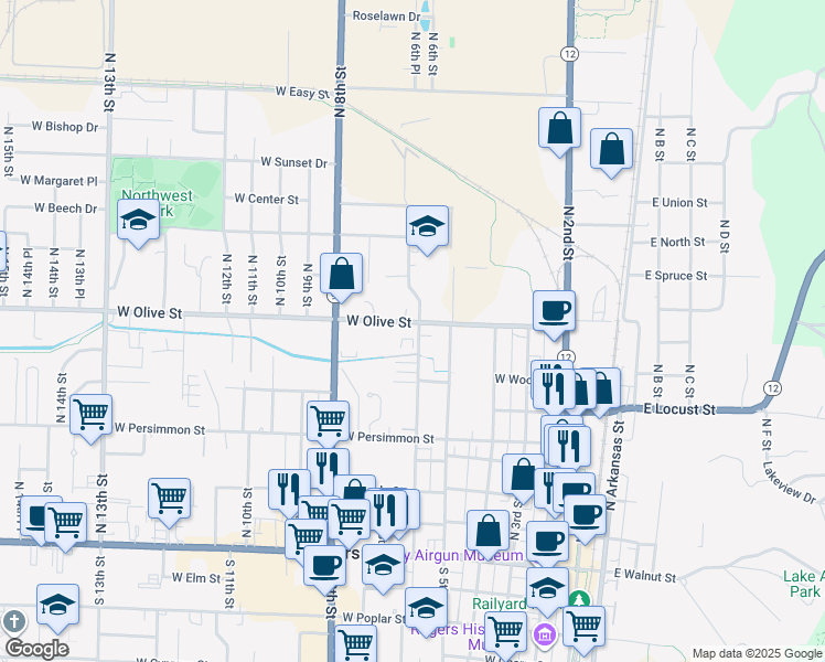 map of restaurants, bars, coffee shops, grocery stores, and more near 514 West Olive Street in Rogers