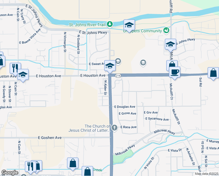 map of restaurants, bars, coffee shops, grocery stores, and more near North Lovers Lane & East Golden West Avenue in Visalia