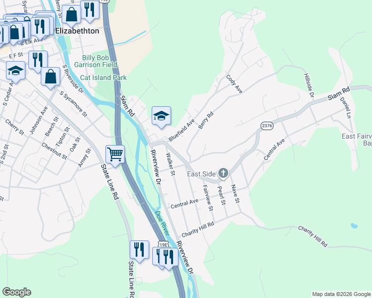 map of restaurants, bars, coffee shops, grocery stores, and more near 1016 Berry Road in Elizabethton
