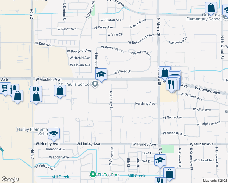map of restaurants, bars, coffee shops, grocery stores, and more near 5837 West Stewart Avenue in Visalia