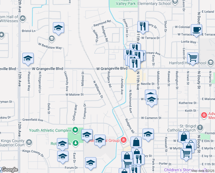 map of restaurants, bars, coffee shops, grocery stores, and more near 1420 Rodgers Road in Hanford
