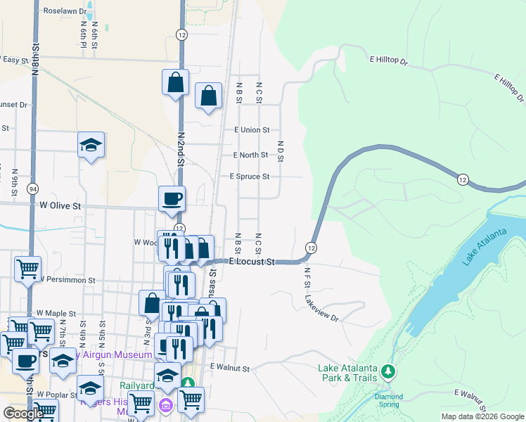 map of restaurants, bars, coffee shops, grocery stores, and more near 723 North C Street in Rogers