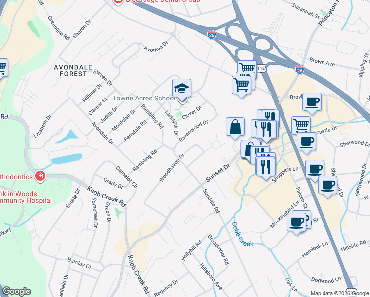 map of restaurants, bars, coffee shops, grocery stores, and more near 510 Woodhaven Drive in Johnson City