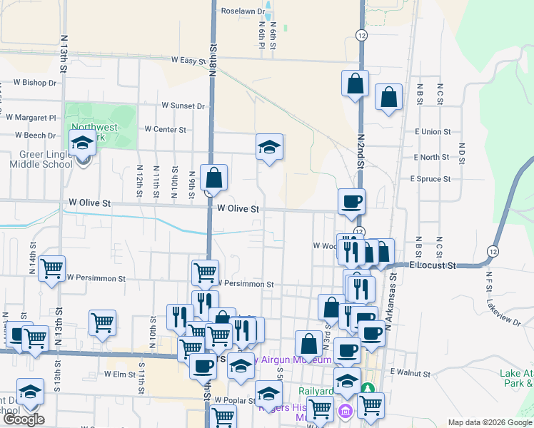 map of restaurants, bars, coffee shops, grocery stores, and more near 514 West Olive Street in Rogers