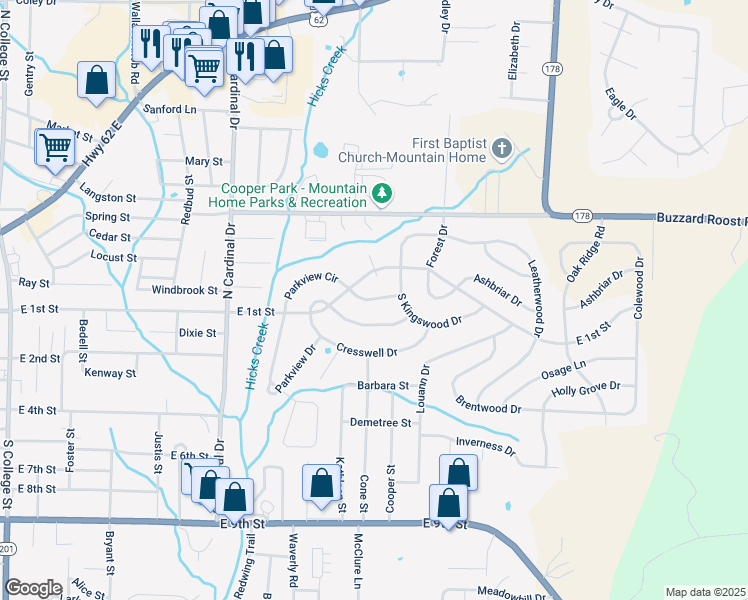 map of restaurants, bars, coffee shops, grocery stores, and more near Highland Drive in Mountain Home