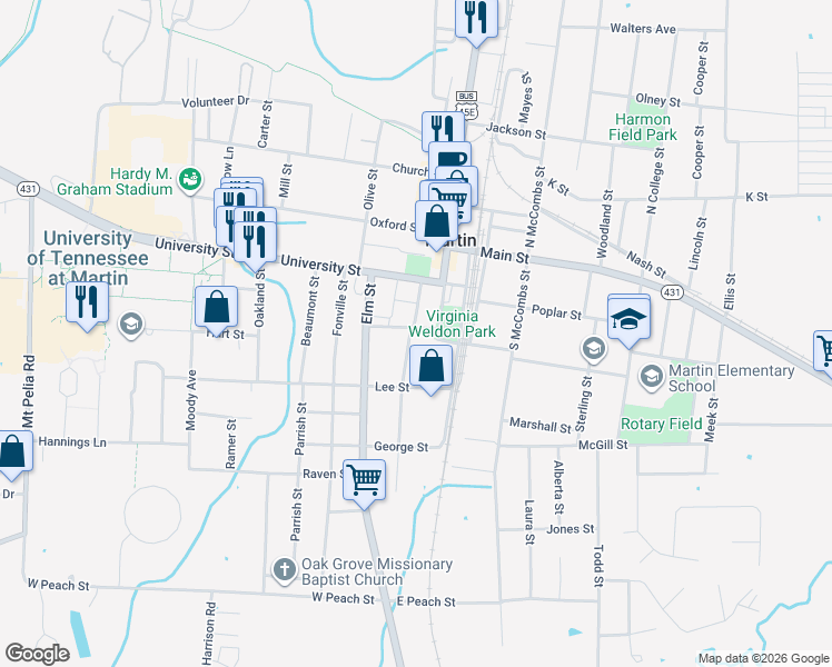 map of restaurants, bars, coffee shops, grocery stores, and more near 601 South Lindell Street in Martin