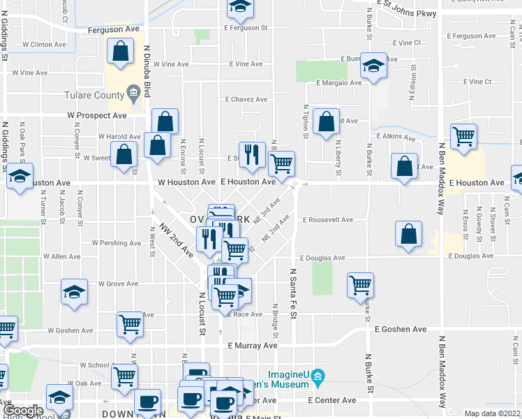 map of restaurants, bars, coffee shops, grocery stores, and more near 301 Northeast 3rd Avenue in Visalia