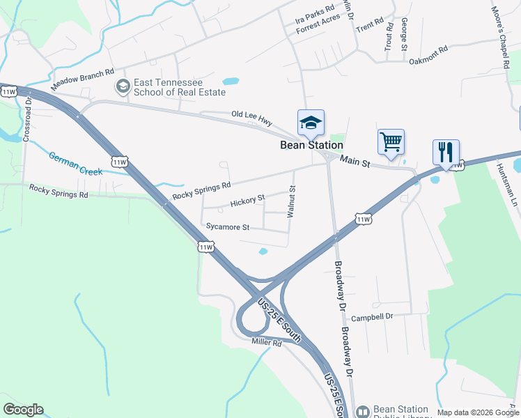 map of restaurants, bars, coffee shops, grocery stores, and more near 134 Elm Street in Bean Station