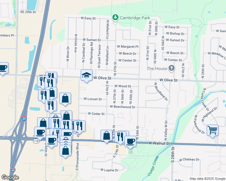 map of restaurants, bars, coffee shops, grocery stores, and more near 610 North 37th Street in Rogers