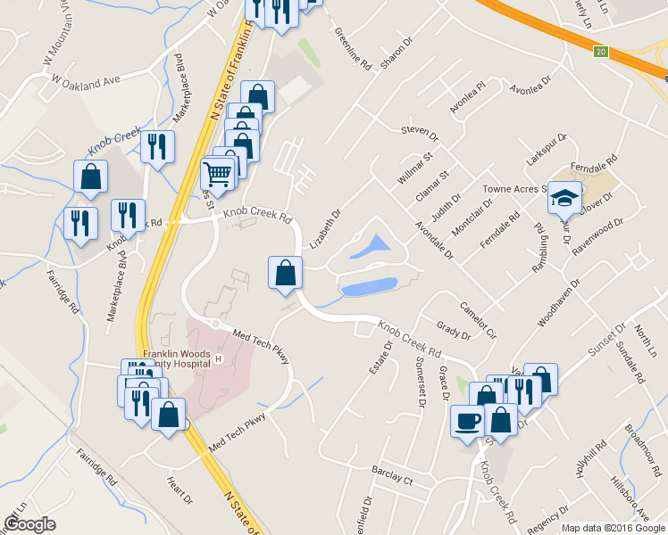 map of restaurants, bars, coffee shops, grocery stores, and more near 1014 Waterbrooke Lane in Johnson City