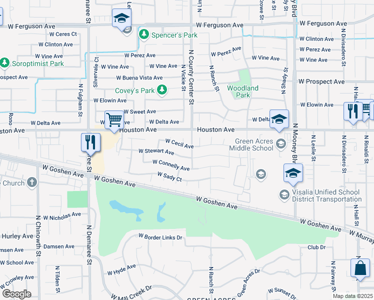 map of restaurants, bars, coffee shops, grocery stores, and more near 2931 West Cecil Avenue in Visalia