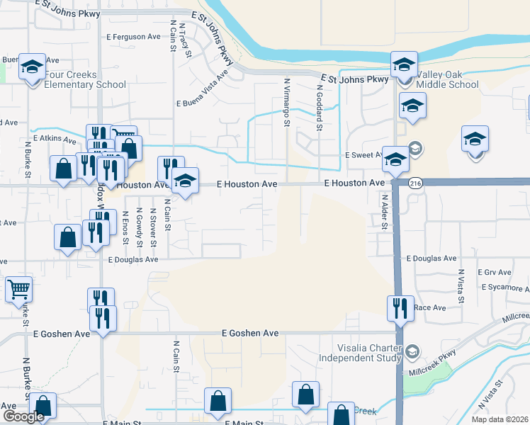 map of restaurants, bars, coffee shops, grocery stores, and more near 1224 North Irma Street in Visalia
