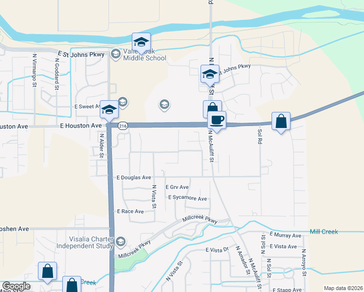 map of restaurants, bars, coffee shops, grocery stores, and more near 1222 North Simon Court in Visalia