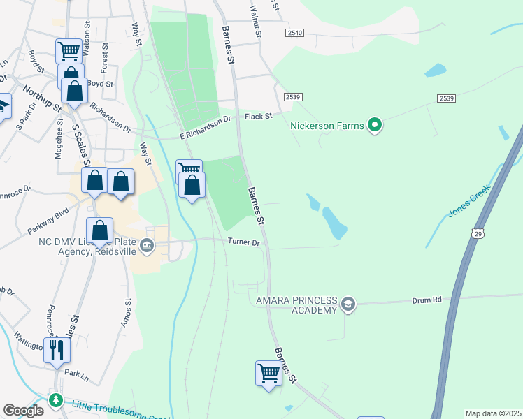 map of restaurants, bars, coffee shops, grocery stores, and more near 1601 Barnes Street in Reidsville