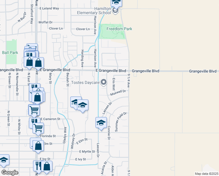 map of restaurants, bars, coffee shops, grocery stores, and more near 1437 Elaine Drive in Hanford