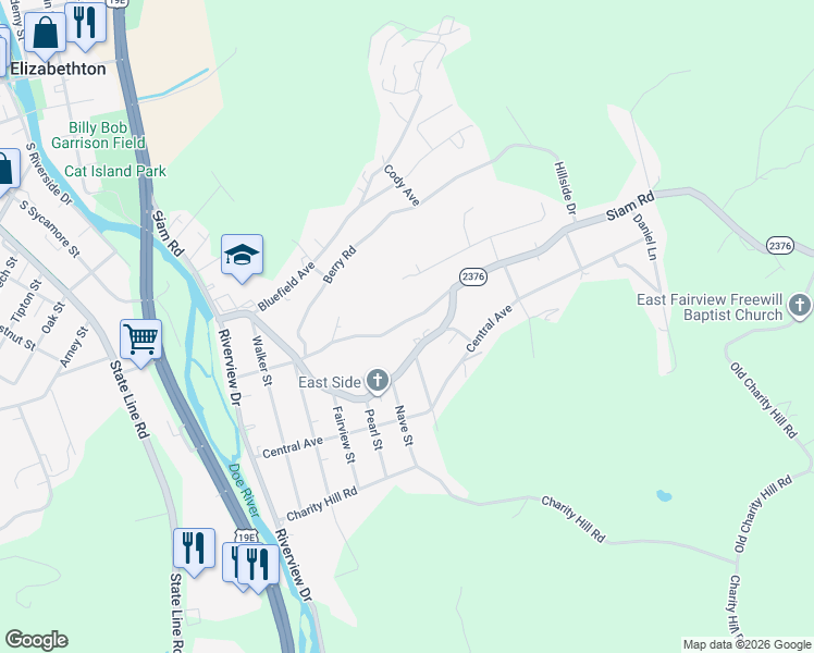 map of restaurants, bars, coffee shops, grocery stores, and more near 220 Old Siam Road in Elizabethton