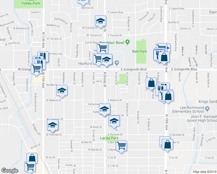 map of restaurants, bars, coffee shops, grocery stores, and more near 1423 North Douty Street in Hanford