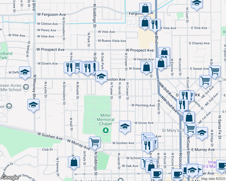 map of restaurants, bars, coffee shops, grocery stores, and more near 1108 North Turner Street in Visalia