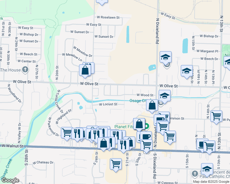 map of restaurants, bars, coffee shops, grocery stores, and more near 702 North 22nd Place in Rogers