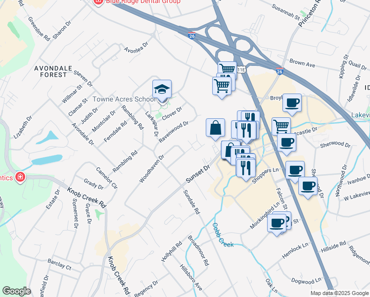 map of restaurants, bars, coffee shops, grocery stores, and more near 500 Woodhaven Drive in Johnson City