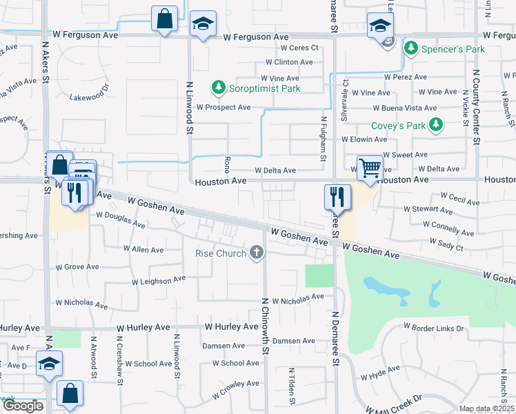 map of restaurants, bars, coffee shops, grocery stores, and more near 1216 North Pride Court in Visalia