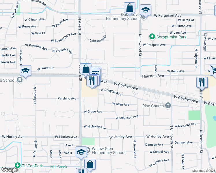 map of restaurants, bars, coffee shops, grocery stores, and more near 4812 W Douglas Ave in Visalia