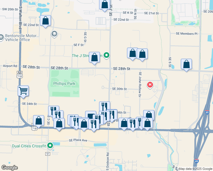 map of restaurants, bars, coffee shops, grocery stores, and more near 3006 Southeast J Street in Bentonville