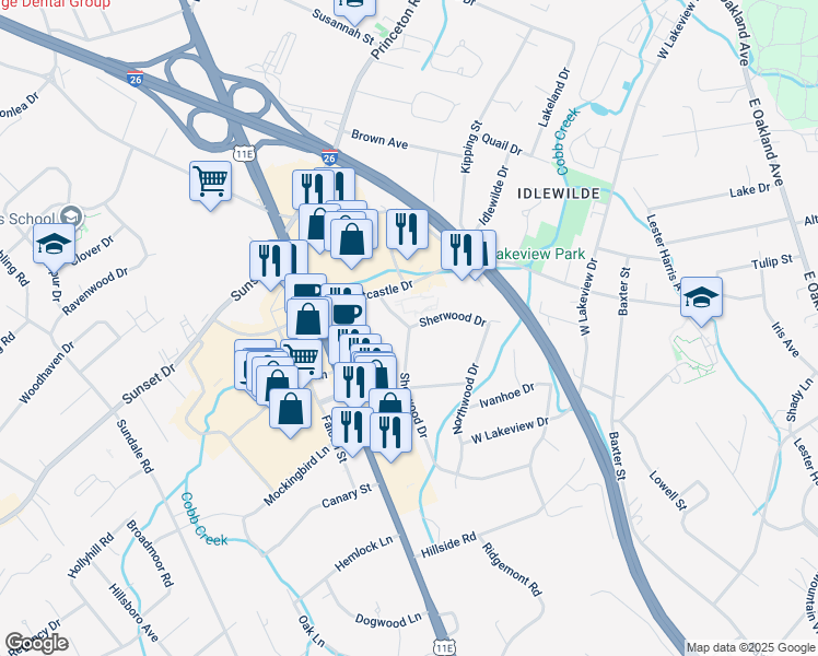 map of restaurants, bars, coffee shops, grocery stores, and more near 2100 Christian Lane in Johnson City