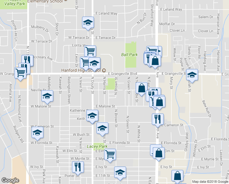 map of restaurants, bars, coffee shops, grocery stores, and more near 1404 North Brown Street in Hanford